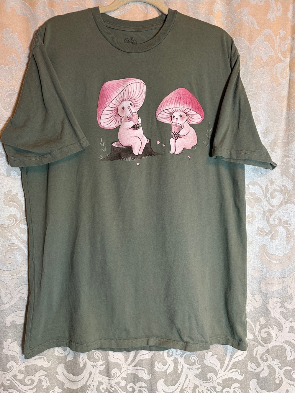 Kids Olive Green Tee with Pink Mushroom Friends